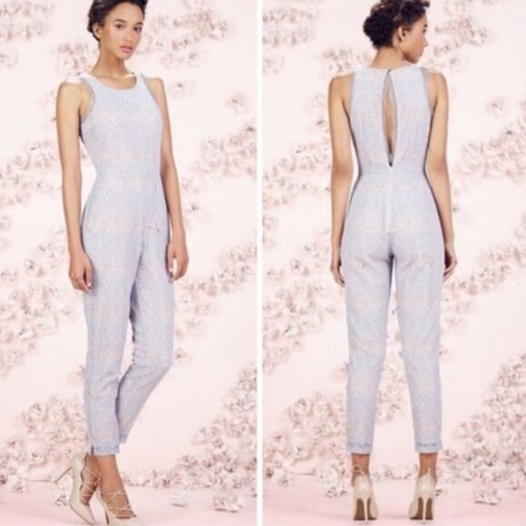 LC Lauren Conrad Womens Runway Lace Open Back Jumpsuit in Ice Blue Size 6 - Picture 1 of 12